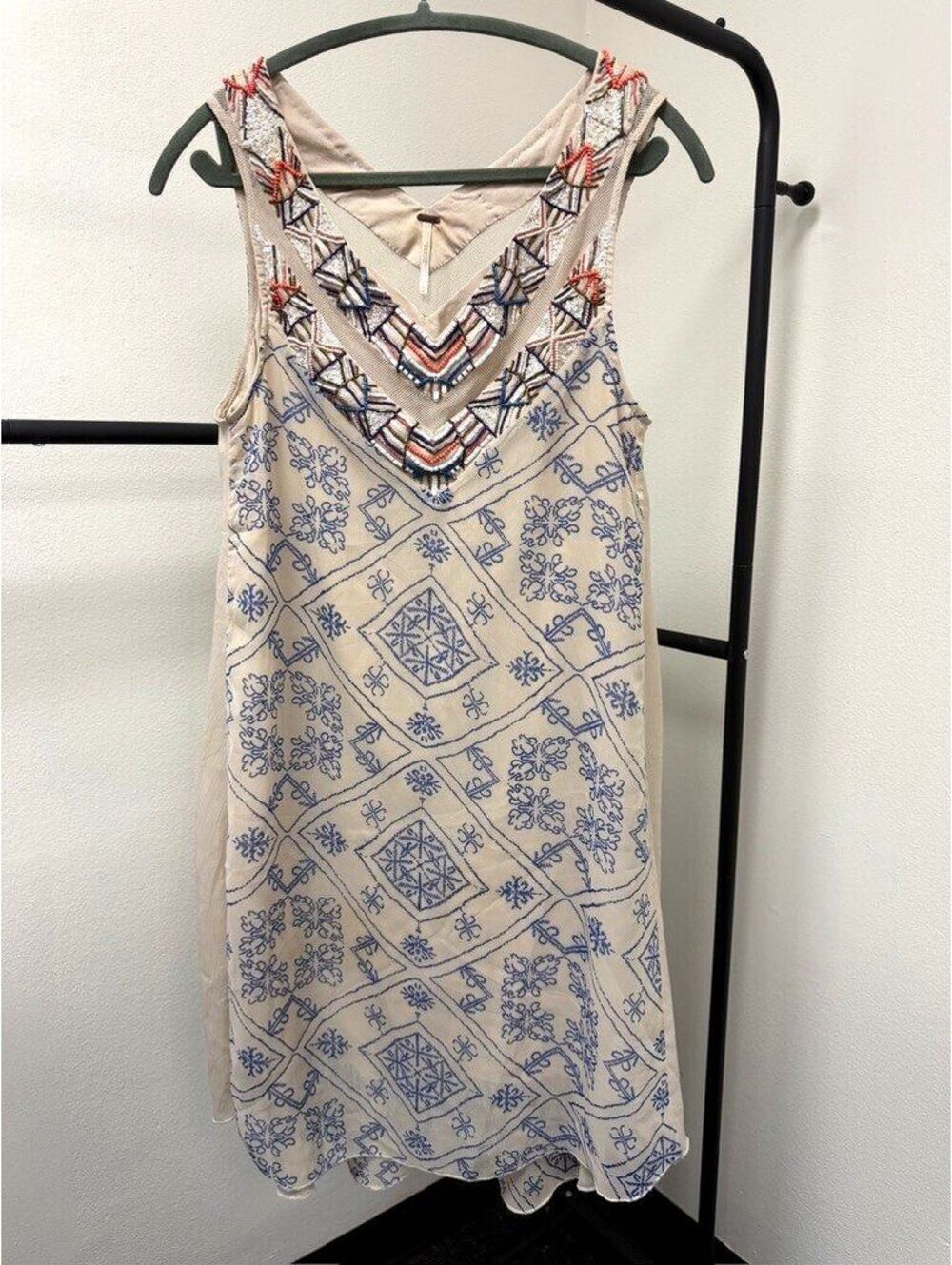 Free People Embroidered Beaded Boho Mini Dress Beige Blue Sleeveless